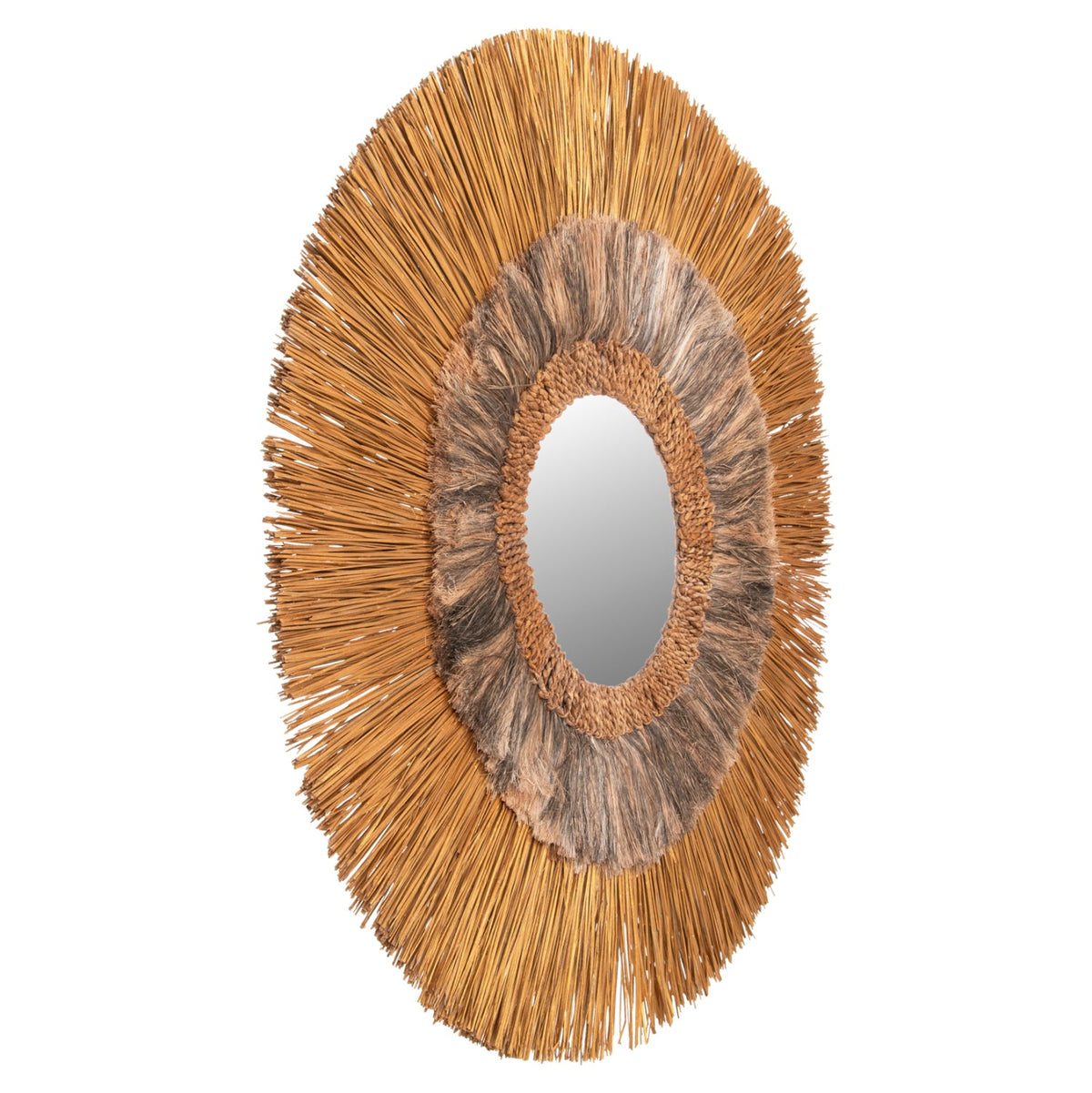 Oglindă VARMALO cu ramă din abaca neagră și iarbă Mendong aurie, diametru 105 cm