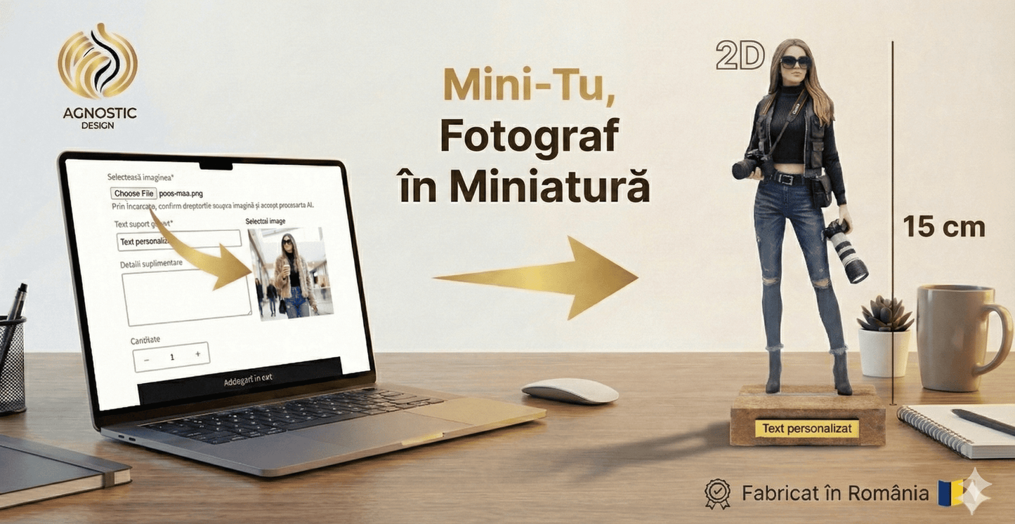 Transformă orice fotografie într-un Mini-Tu personalizat in fotograf de 15 cm. Realizat 2D cu efect 3D, ideal pentru cadouri unice și memorabile.