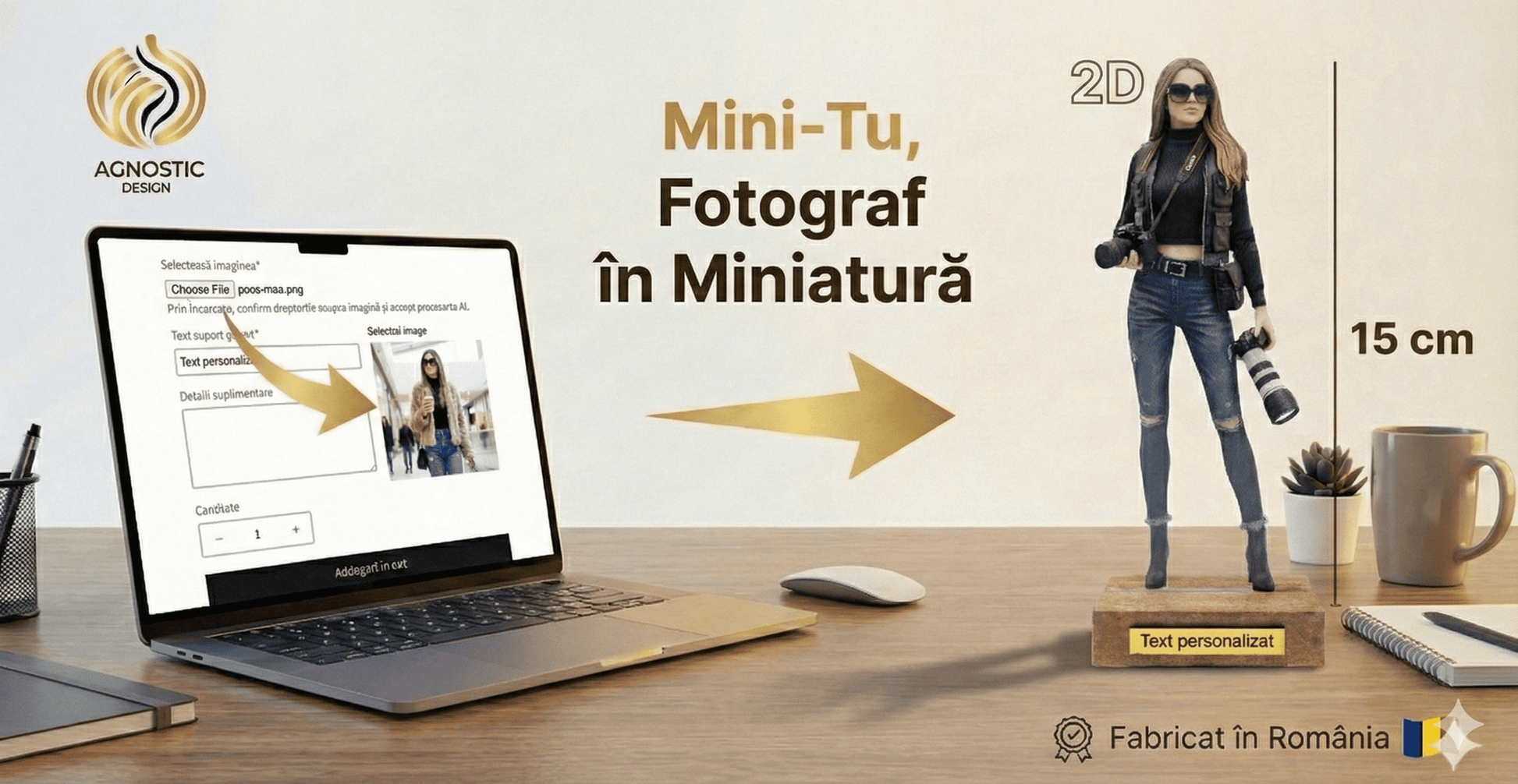 Transformă orice fotografie într-un Mini-Tu personalizat in fotograf de 15 cm. Realizat 2D cu efect 3D, ideal pentru cadouri unice și memorabile.