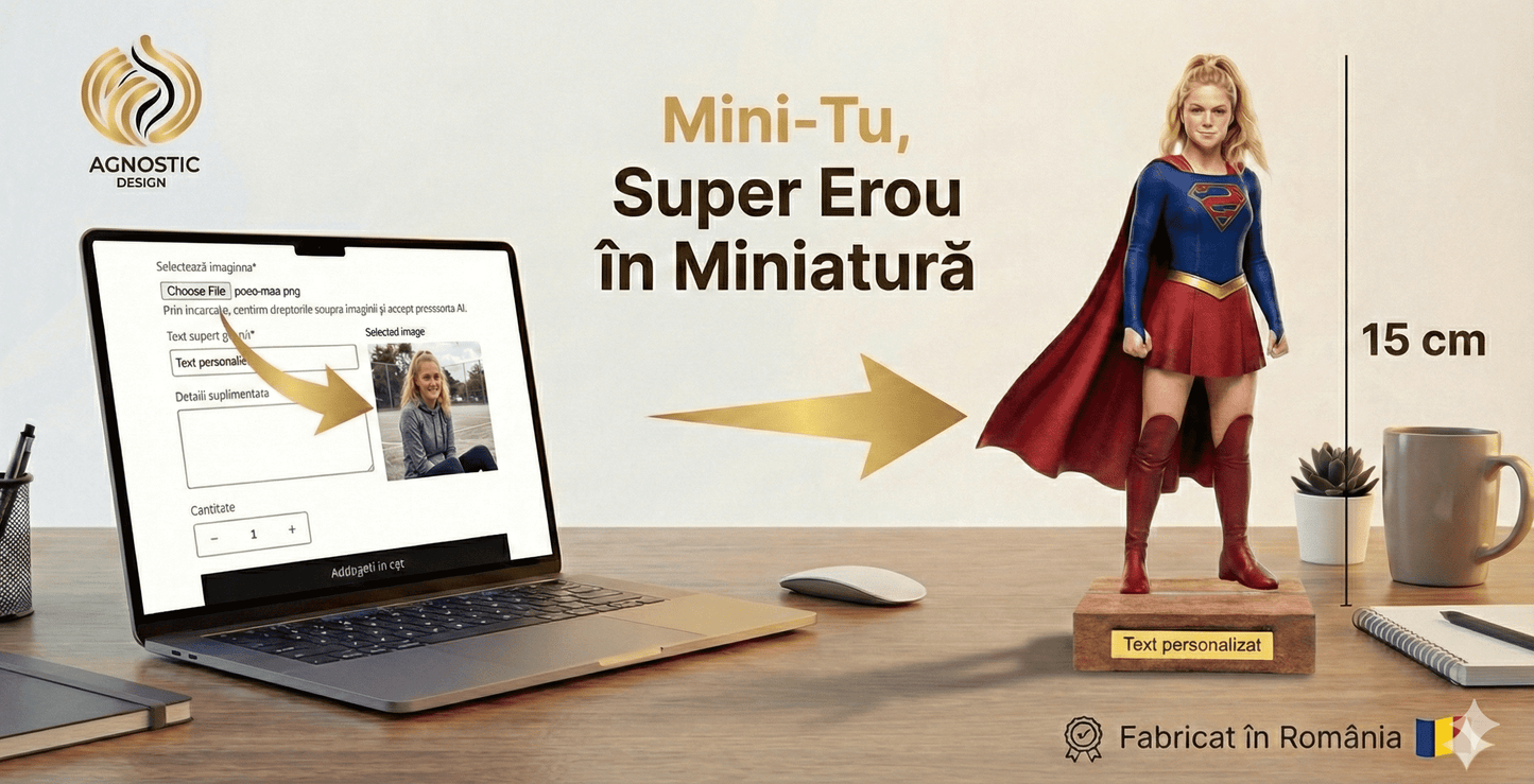 Transformă orice fotografie într-un Mini-Tu personalizat in fotograf de 15 cm. Realizat 2D cu efect 3D, ideal pentru cadouri unice și memorabile.