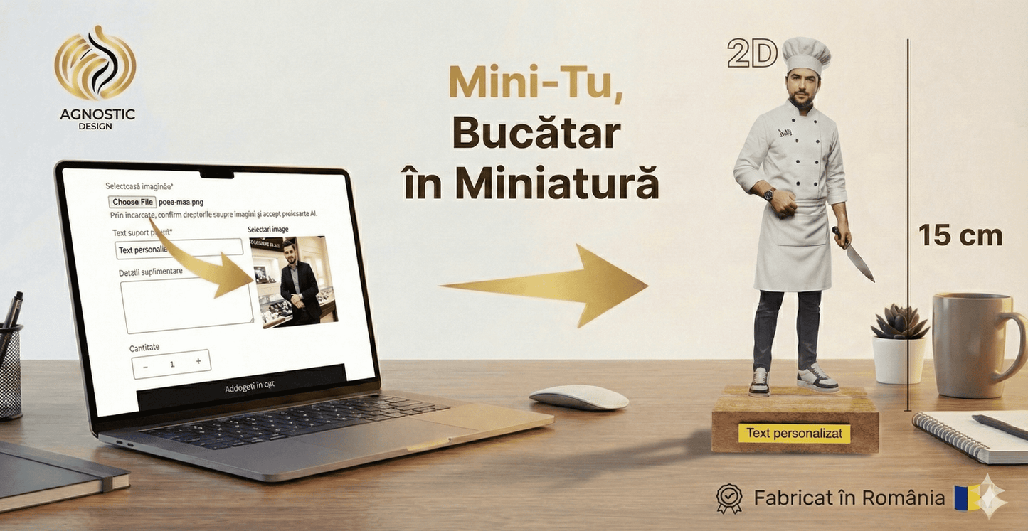 Transformă orice fotografie într-un Mini-Tu personalizat in fotograf de 15 cm. Realizat 2D cu efect 3D, ideal pentru cadouri unice și memorabile.