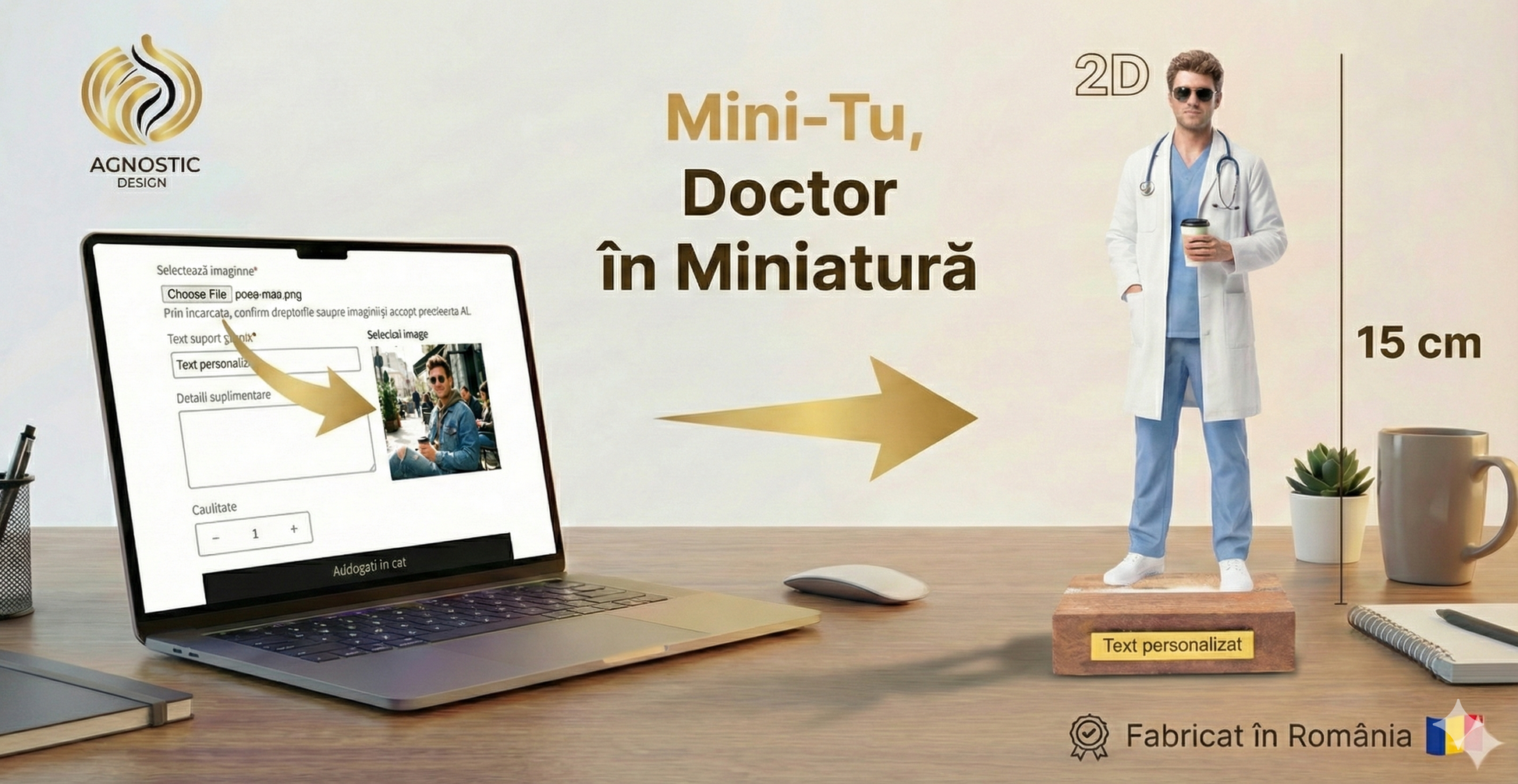 Transformă orice fotografie într-un Mini-Tu personalizat in doctor de 15 cm. Realizat 2D cu efect 3D, ideal pentru cadouri unice și memorabile.