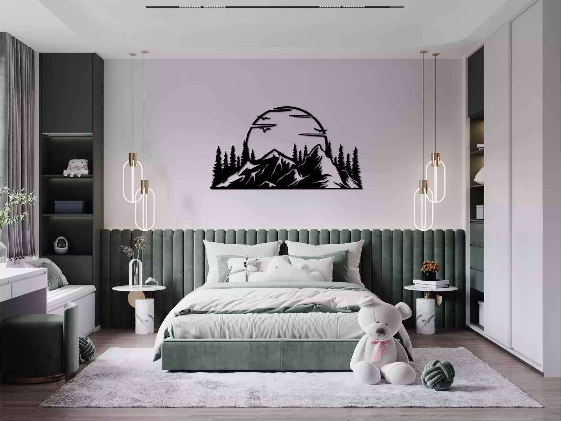 Decorațiunea de lemn "Peisaj Montan" redă într-un stil artistic și elegant frumusețea sălbatică a muntelui. Siluetele zimțate ale piscurilor, pădurile de conifere și zborul păsărilor în fața unui soare imens creează o scenă liniștitoare, care aduce natura mai aproape de tine.