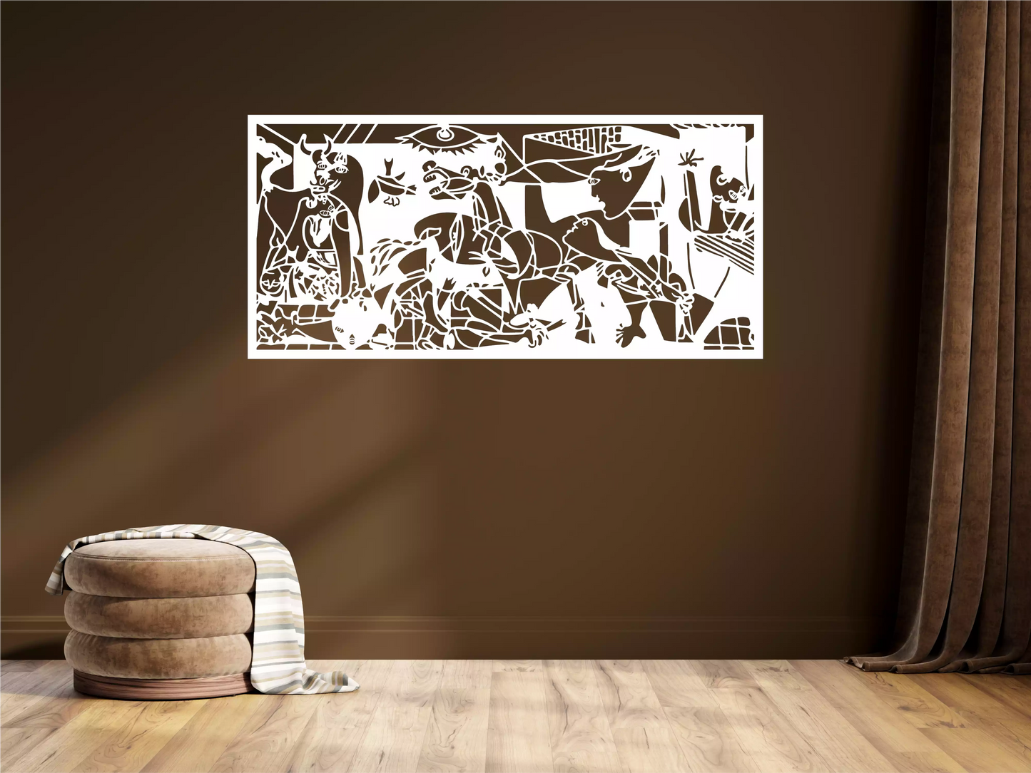 Detaliu decorațiune Guernica Pablo Picasso din lemn, realizată cu precizie laser – simbol al forței și expresiei artistice moderne.