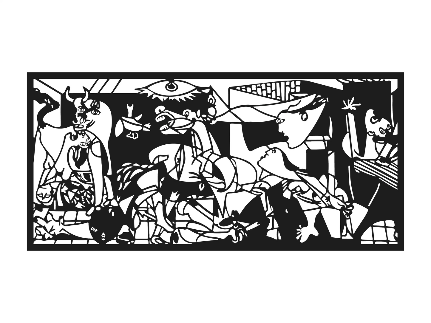 Detaliu decorațiune Guernica Pablo Picasso din lemn, realizată cu precizie laser – simbol al forței și expresiei artistice moderne.