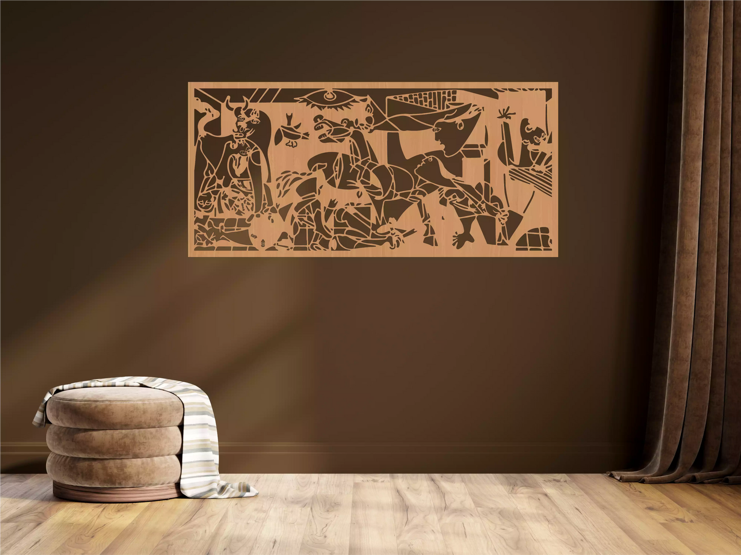 Detaliu decorațiune Guernica Pablo Picasso din lemn, realizată cu precizie laser – simbol al forței și expresiei artistice moderne.