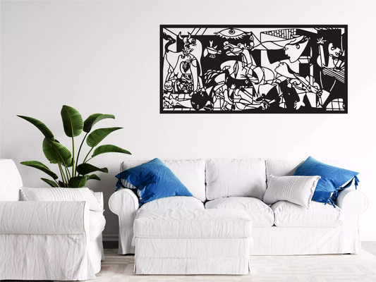 Detaliu decorațiune Guernica Pablo Picasso din lemn, realizată cu precizie laser – simbol al forței și expresiei artistice moderne.