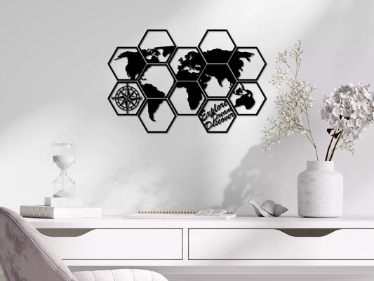 shopify_negru.webp Harta Lumii Hexagonală - Decorațiune Perete Fibre Lemn