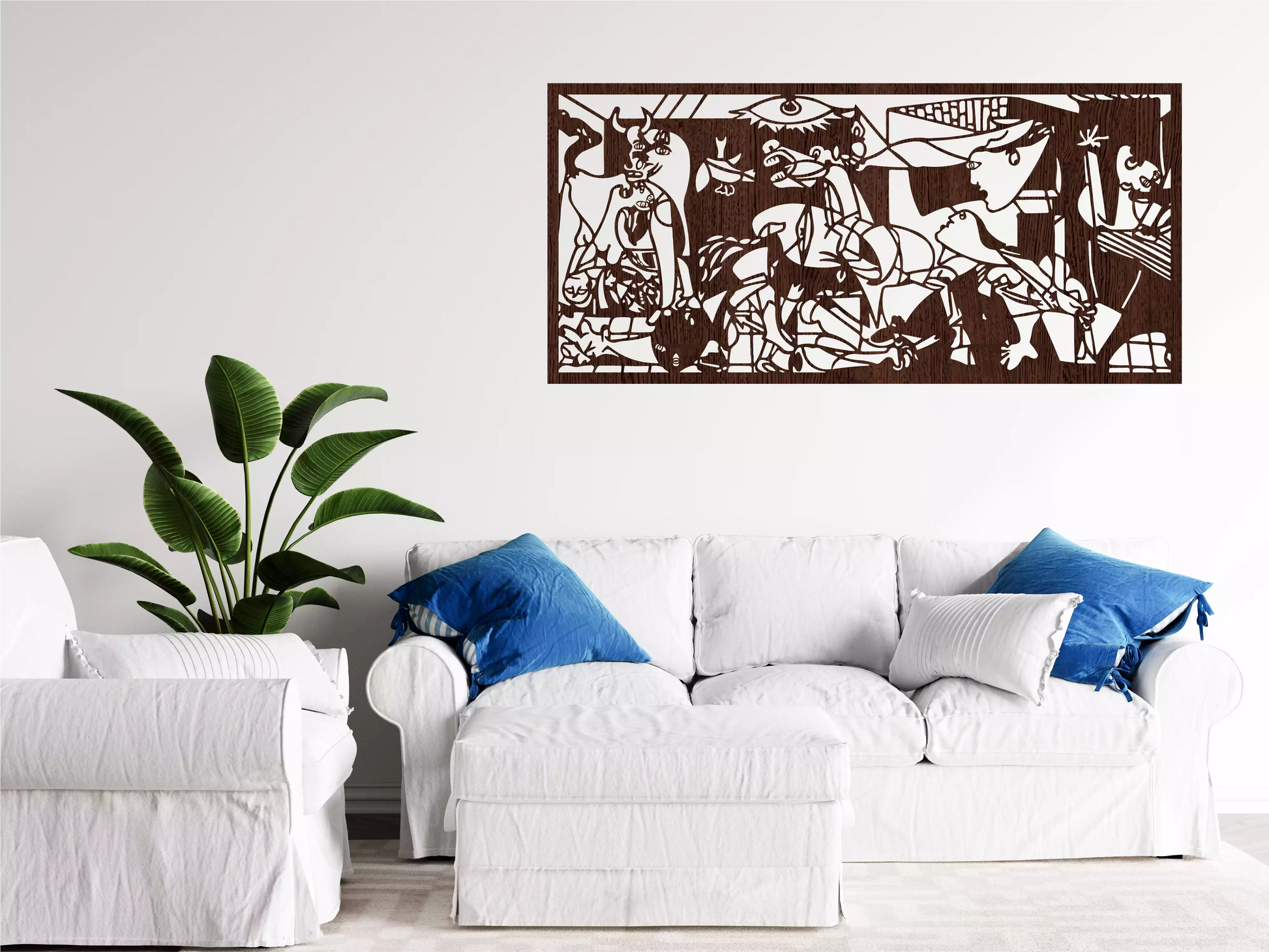 Detaliu decorațiune Guernica Pablo Picasso din lemn, realizată cu precizie laser – simbol al forței și expresiei artistice moderne.