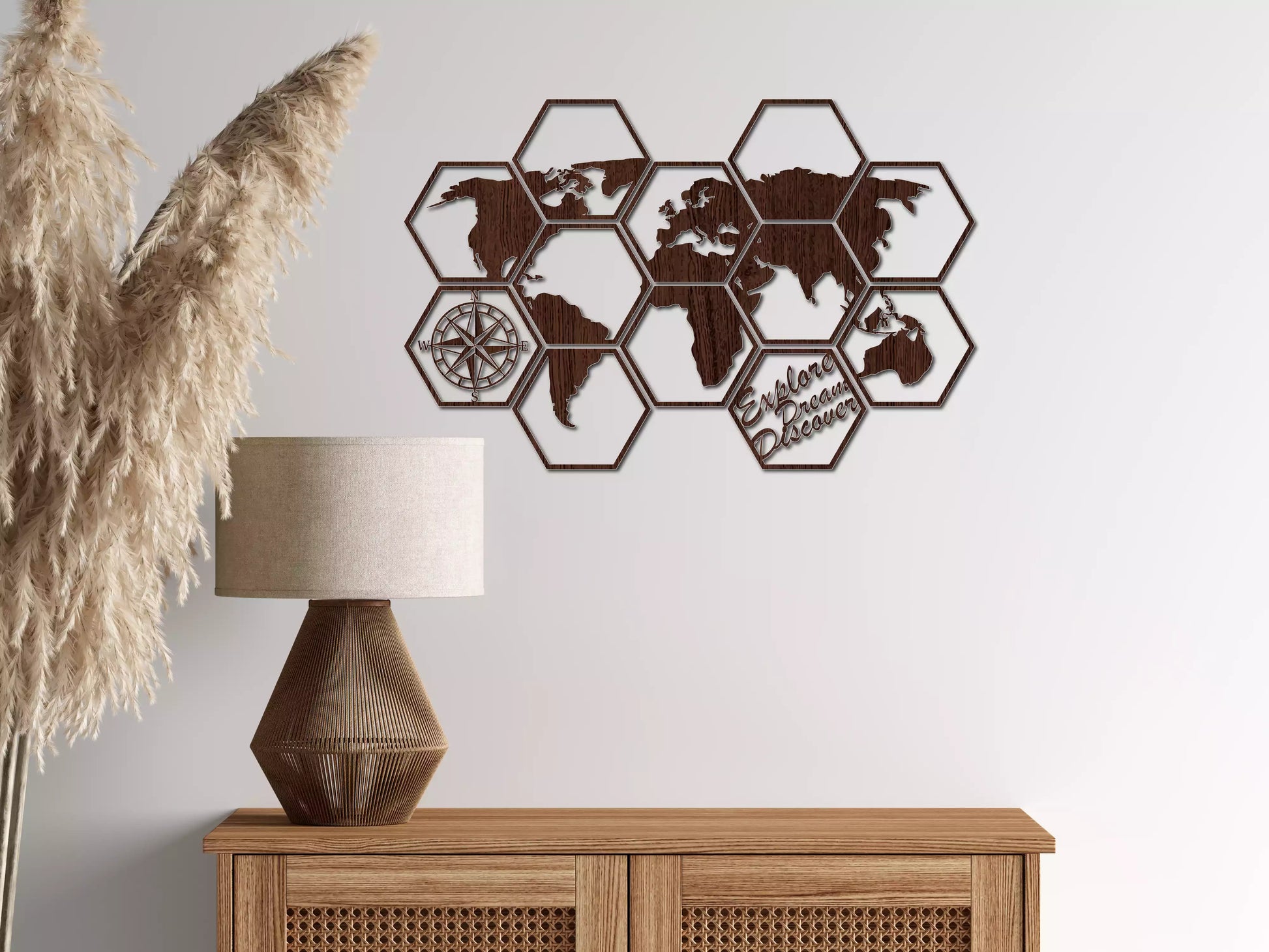 shopify_wenge.webp Harta Lumii Hexagonală - Decorațiune Perete Fibre Lemn