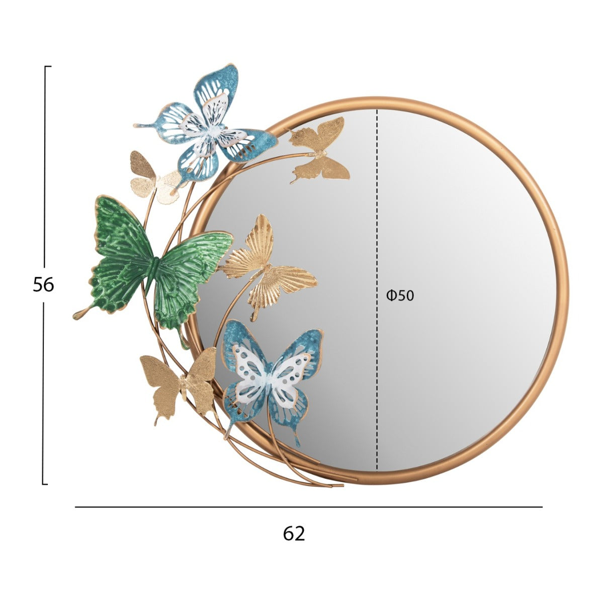 Oglindă de perete TIVERTON din metal auriu, 62 x 56 cm, cu fluturi decorativi