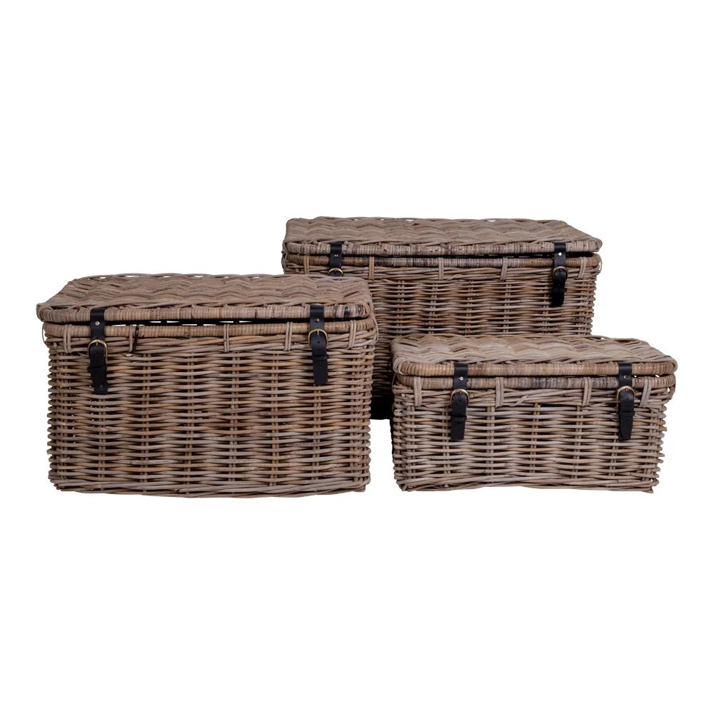 Set 3 coșuri decorative TRIVOLS din ratan kubu gri, mânere din piele, 81 x 51 x 48 cm