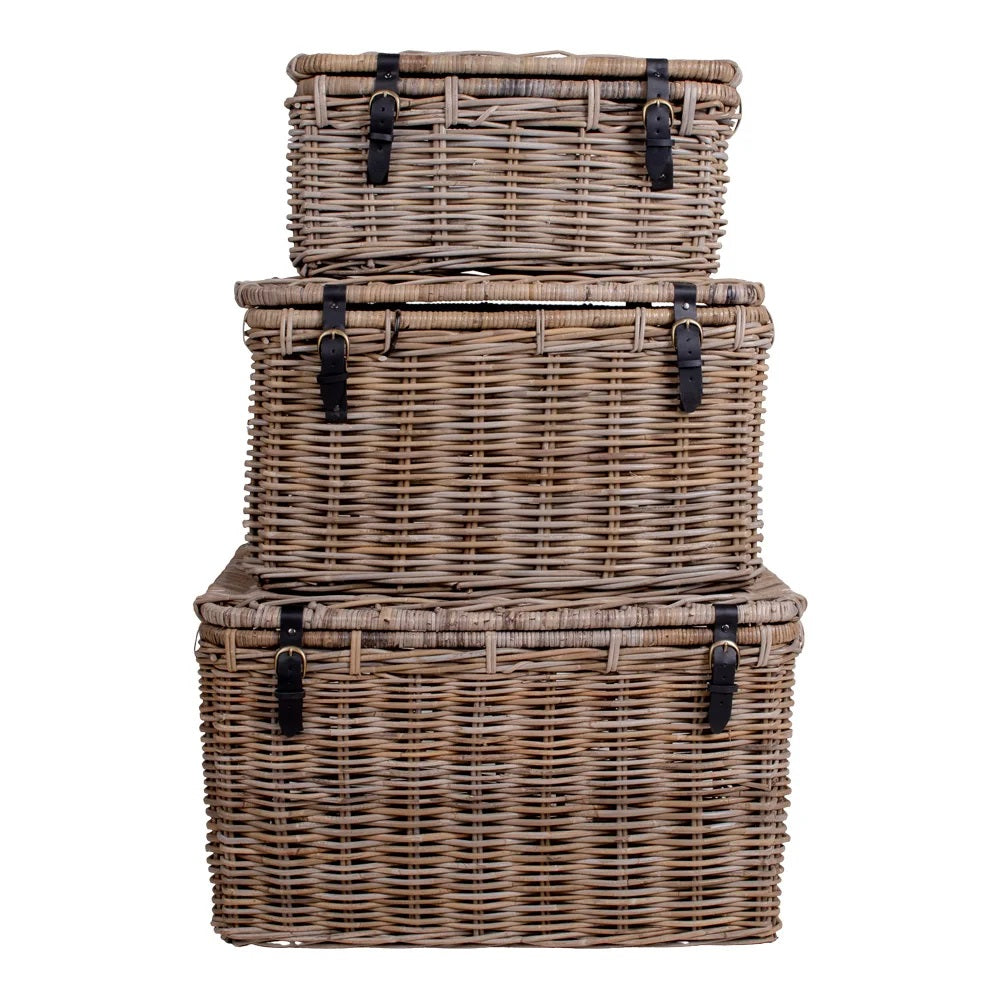 Set 3 coșuri decorative TRIVOLS din ratan kubu gri, mânere din piele, 81 x 51 x 48 cm
