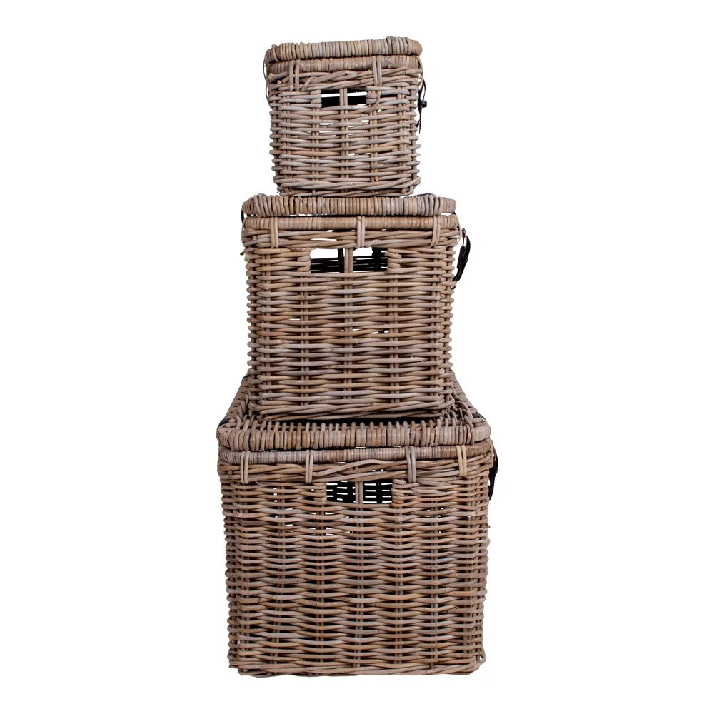Set 3 coșuri decorative TRIVOLS din ratan kubu gri, mânere din piele, 81 x 51 x 48 cm
