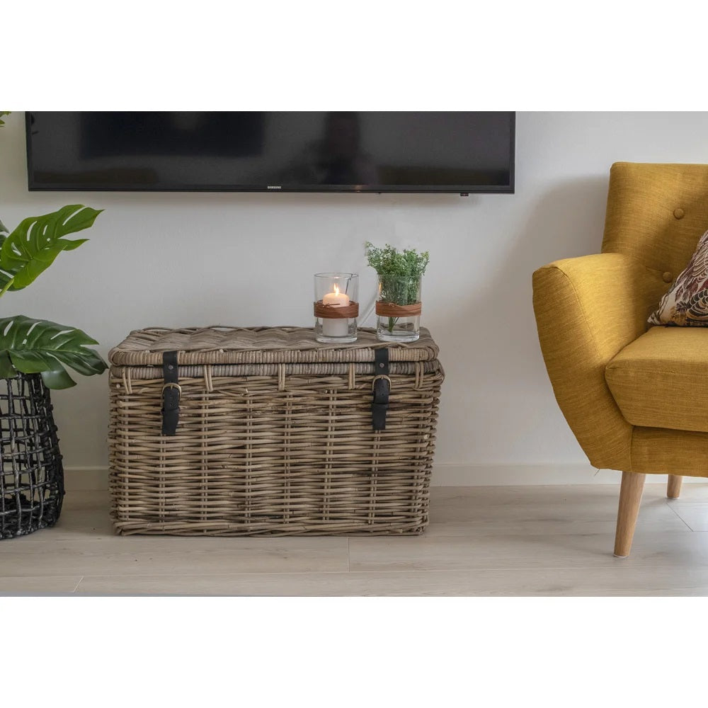 Set 3 coșuri decorative TRIVOLS din ratan kubu gri, mânere din piele, 81 x 51 x 48 cm